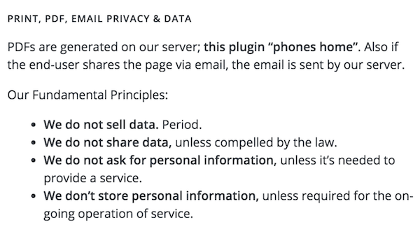 Print, PDF, Email Privacy & Data