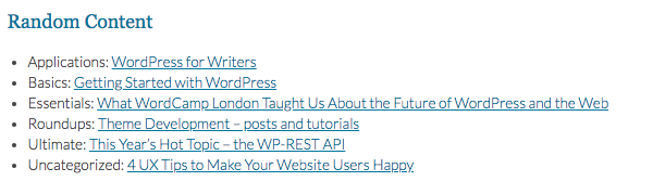 A random list of posts, one from each category