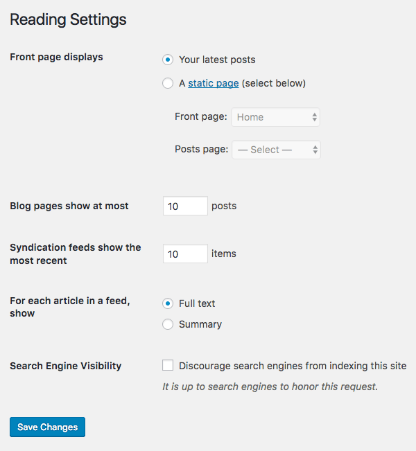 WordPress Reading settings