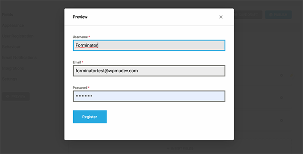 Registration form preview.