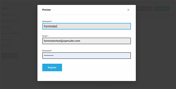 Forminator registration form example.