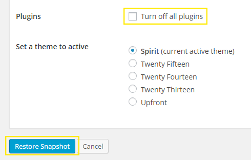 The "Turn off all plugins" checkbox is highlighted along with the "Restore Snapshot" button at the bottom of the page.