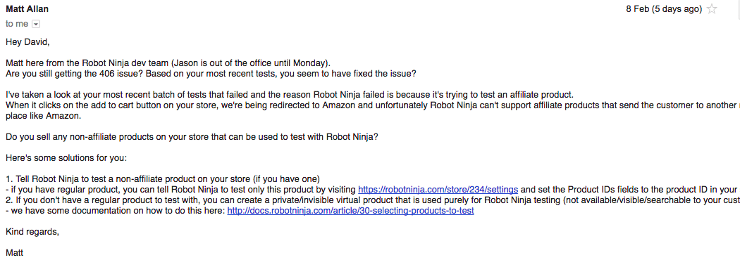 RobotNinja support response
