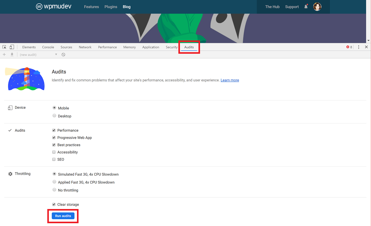 run-lighthouse-in-chrome Screenshot of Chrome Developer Tools Audit Tab