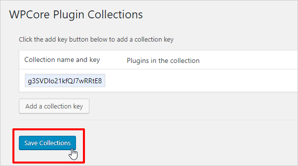 WPCore Plugin Collections screen with Save Collections button highlited