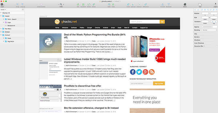 gHacks redesign with Sketch