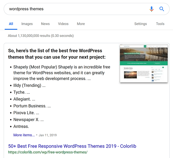 Screenshot of Google search for WordPress themes that shows rich snippet.