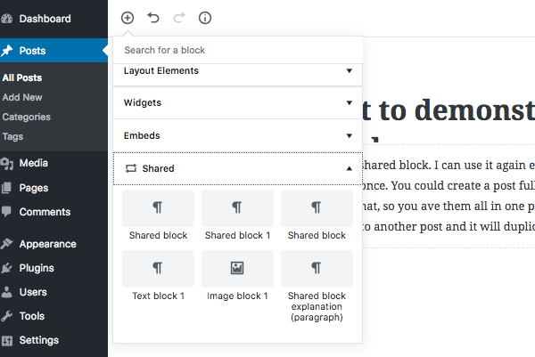 adding a shared block to your post - choosing from shared blocks that have been created