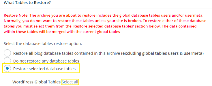 The "Restore selected database tables" and "Select All" buttons are highlighted.