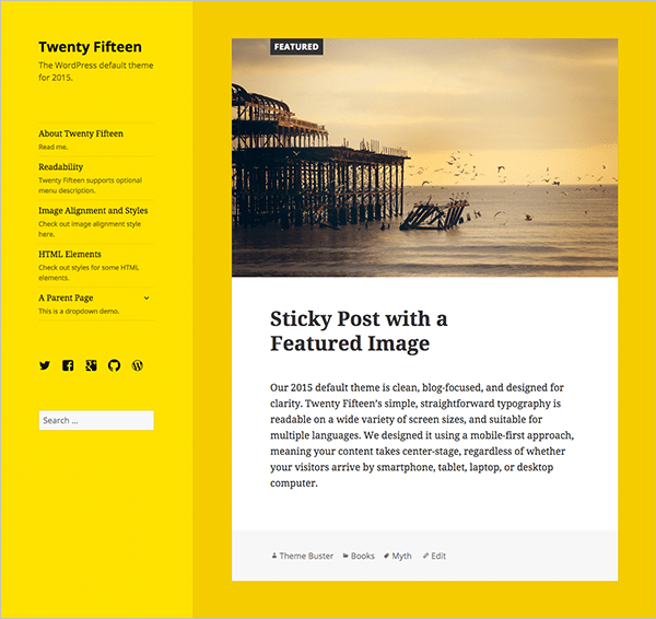 Twenty Fifteen WordPress theme in yellow.