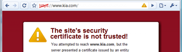 An example of a browser warning of an invalid SSL certificate before going to site.