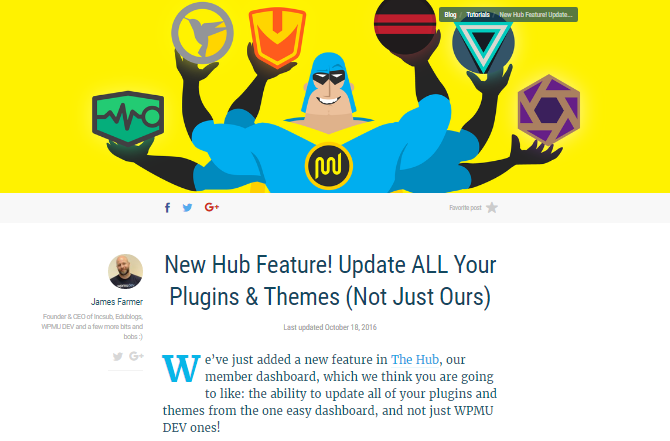 A screenshot of an article announcing that all WordPress.org themes and plugins can be updated via the hub.