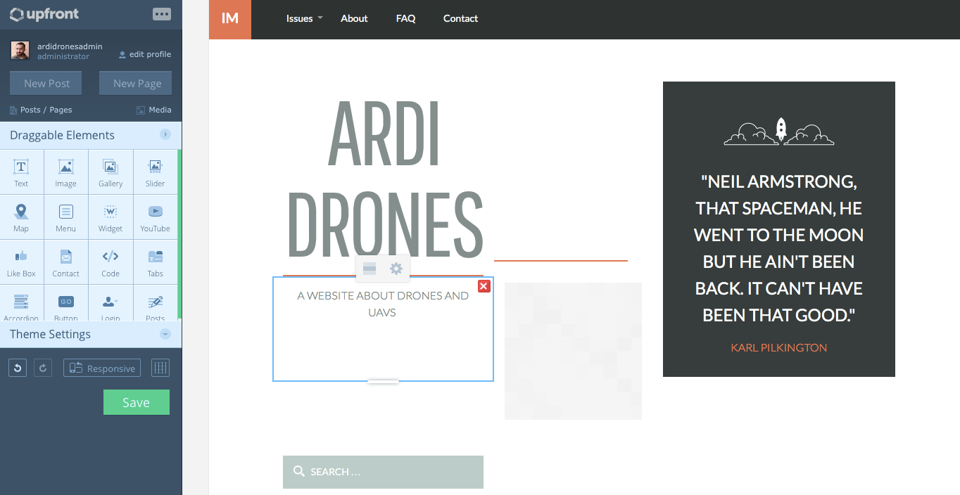 Designing a site with upfront page builder