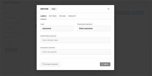 Username field settings.