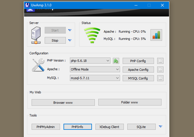screenshot of uwamp control panel