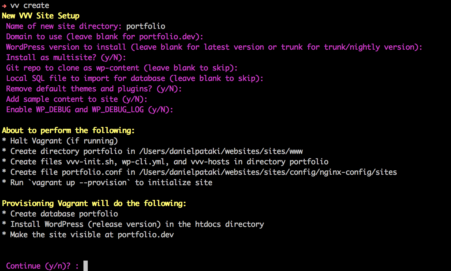 Creating a site with vv