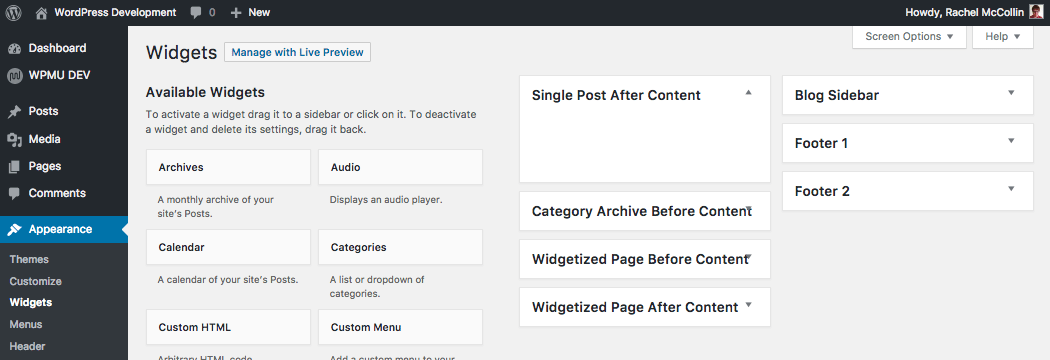 Newly registered widget areas in the Widgets admin screen