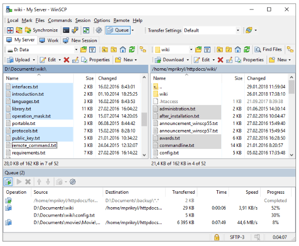 Screenshot showing the folder and file layour of WinSCP.