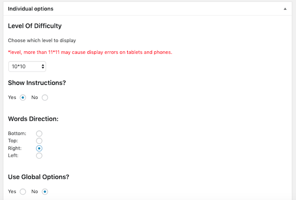 wordfind-difficulty You can set the level of difficulty and other options on this word find