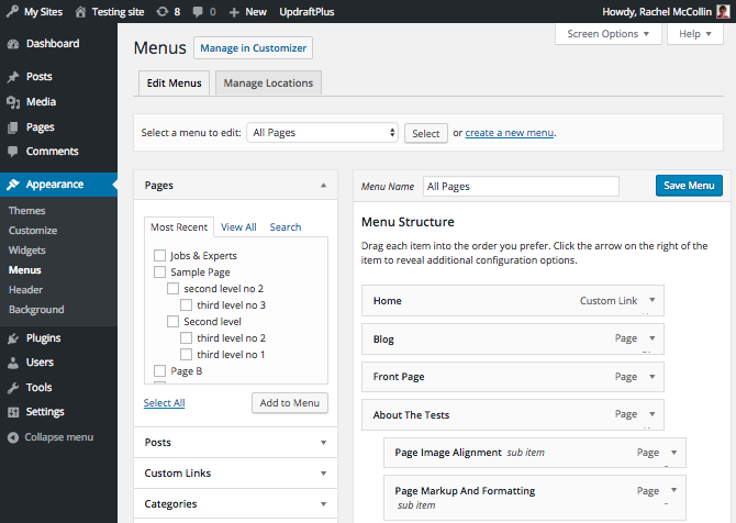 WordPress menus admin screen