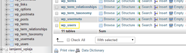 The "wp_users" table is highlighted in the list of tables for the selected database.