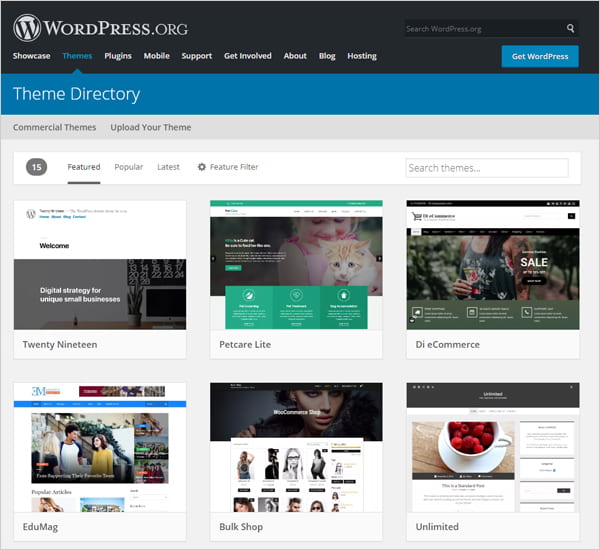 Screenshot of WordPress Theme Directory on WordPress.org