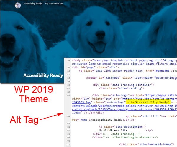 Screenshot of WordPress Theme 2019 With Featured Image alt tag highlighted.