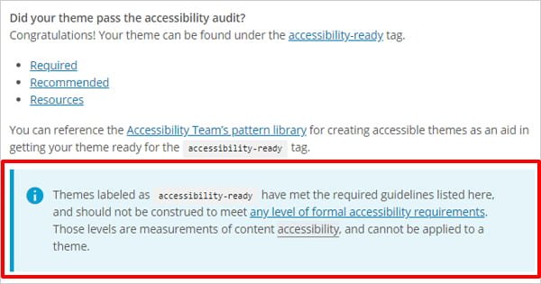 Screenshot of WordPress Theme Review Team's accessibility notice.