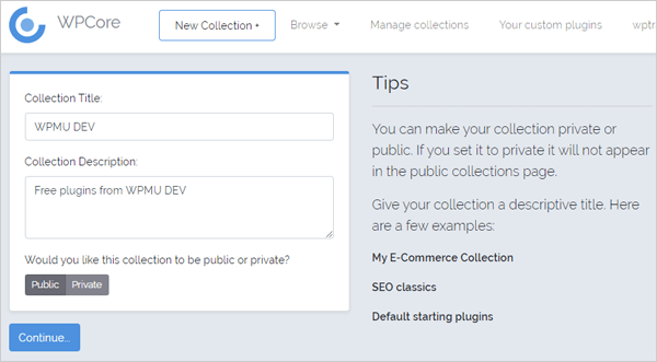 WPCore new colection screen