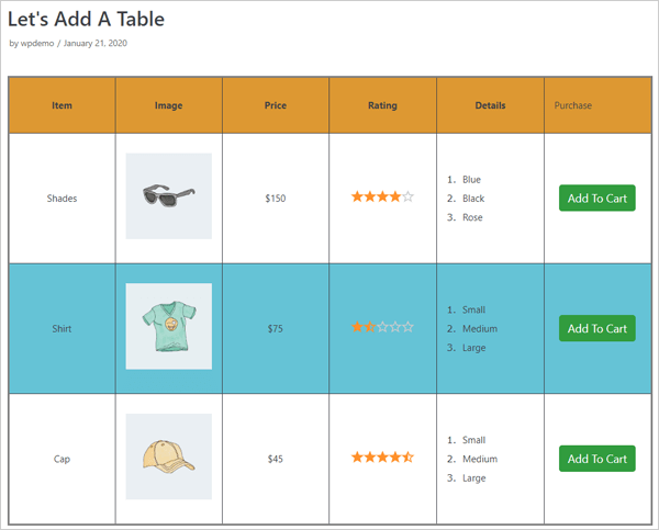 WP Table Builder demo table.